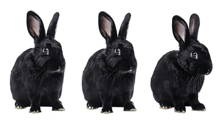 Collection of three black rabbits (portrait, sitting, side view), animal bundle isolated on a white background as transparent PNG - obrazy, fototapety, plakaty