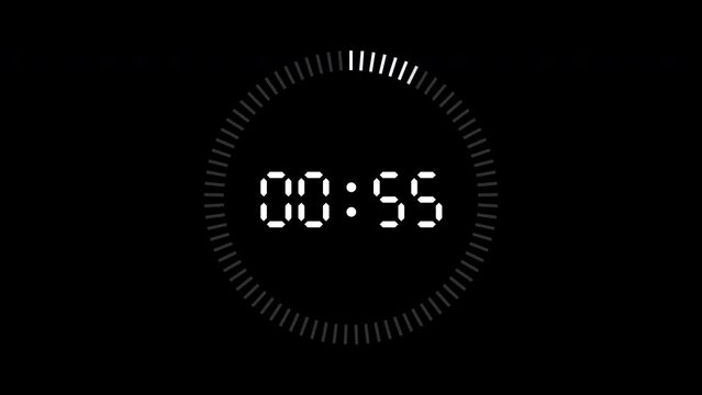 1 minute timer countdown animation from 60 to 0 seconds on black background. Modern flat design. 4K. Perfect for business, countdowns, event.