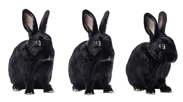 Collection of three black rabbits (portrait, sitting, side view), animal bundle isolated on a white background as transparent PNG