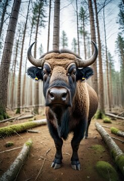 Animal make selfie in forest. Close-up beef in forest take selfie. interaction between wildlife and modern photography trends
