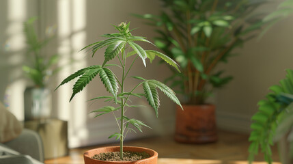 Obraz premium A realistic depiction of a cannabis plant in a pot placed on a wooden table. Copy space.
