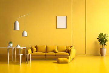 Minimal concept. interior of living yellow tone on yellow floor and background