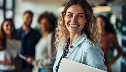 Happy businesswoman standing in front of her team holding a laptop and smiling at the camera while working together on a project, in an office background - obrazy, fototapety, plakaty
