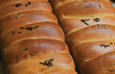 Freshly baked home-baked bread in a baking pan.