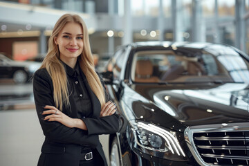 Obraz na płótnie Canvas Professional luxury car saleswoman in luxury showroom. Auto dealership office. Car dealer business. Smiling woman in showroom