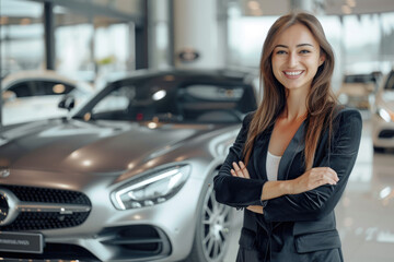 Fototapeta na wymiar Professional luxury car saleswoman in luxury showroom. Auto dealership office. Car dealer business. Smiling woman in showroom