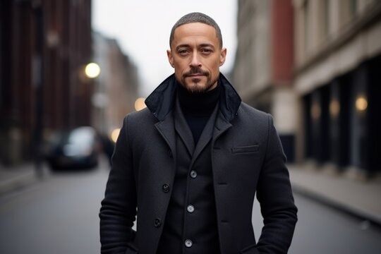 Portrait of a handsome man in a black coat on the street