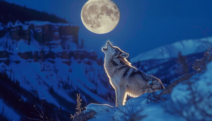 A wolf howls with a full moon in the background on a snowy winter night