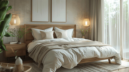 Fototapeta premium Cozy Bedroom Interior with Natural Light and Modern Decor