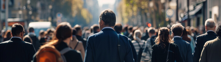 Many people in the crowd, back view of men and women walking to work or school on a City's street.