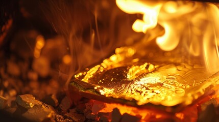 A detailed close-up of a gold bar melting in a furnace - obrazy, fototapety, plakaty