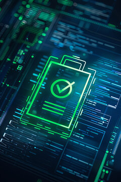 A document icon with a tick to approve a compliance policy for cyber security