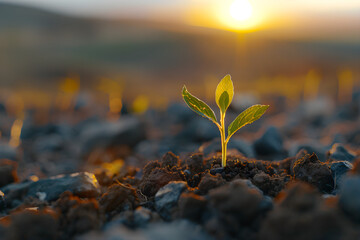 Young plant with ground backdrop and dawn light, representing new life and growth in springtime, with a modern agricultural theme.
