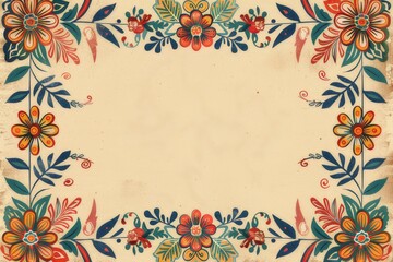 A postcard adorned with intricate traditional Indian artwork, highlighting a central text box, and embellished with vibrant line art depicting colorful flower patterns.