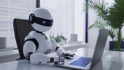 artificial intelligence robot doing office work - obrazy, fototapety, plakaty