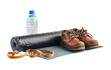 Workout Essentials: Mat, Water Bottle, and Shoes isolated on transparent Background