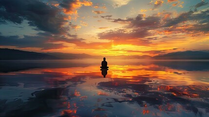 A quiet moment of reflection at sunrise symbolizing new beginnings and inner peace - obrazy, fototapety, plakaty