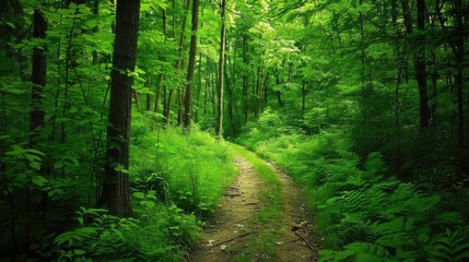 A peaceful scene of a solitary walk through a lush green forest
