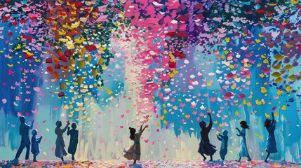 A whimsical scene of people dancing under a cascade of colorful flower petals