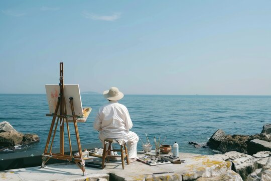 A serene painting session by the sea where each stroke captures the artists inner joy