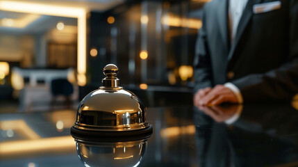 A concierge in a tailored suit presses a shiny service bell on a sleek reception desk. The concept of unique hotel services for guests. Copy space. Background. - obrazy, fototapety, plakaty