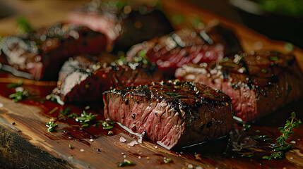 Sliced marinated medium rare steak on a wooden board with herbs, Skirt Steak is delicious food