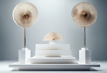Set of three rectangle white podiums mockup with oriental paper fans as decor in modern minim