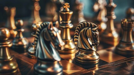 A game of chess where alloy knights dominate the board merging ancient tactics with modern metal - obrazy, fototapety, plakaty