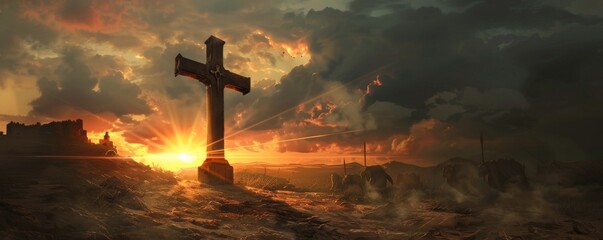 The setting sun the Templar cross and the Holy Grail call to the warriors a testament to the Knights Templars quest