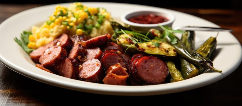 Savory dish featuring smoked sausage, bacon onion relish, cornbread, and okra