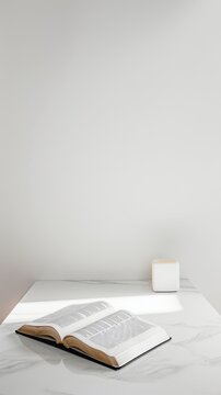 Pristine white setting featuring a classic Holy Bible minimalist elegance meets sacred words
