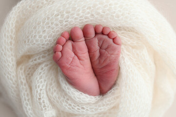 The tiny foot of a newborn baby. Soft feet of a new born in a wool white blanket. Close up of toes, heels and feet of a newborn. Macro photography.
