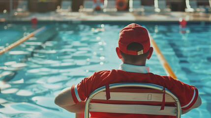 A vigilant lifeguard watches over swimmers at a bright outdoor pool. Copy space.