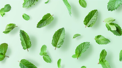 Scattered mint leaves on a vibrant background, evoking freshness. Background.