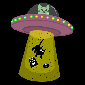 An illustration of a green-bodied alien cat driving a UFO, carrying another cat and its food into the spacecraft.