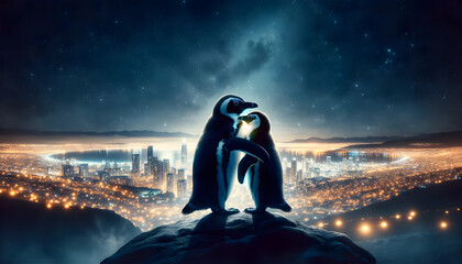 two penguins on top of a rock, embracing each other in a hug. The background show a night view of city lights, providing a dramatic contrast between the natural world of the penguins