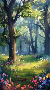 A colorful painting depicting a lush forest filled with blooming flowers and tall trees, capturing the essence of a vibrant spring landscape. Copy space. Background.