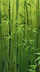 Detailed view of a cluster of vibrant green bamboo plants with tall stalks and lush leaves. Background.