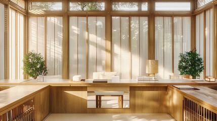Zen-Inspired Modern Interior with Natural Wood Elements and Greenery, Creating a Peaceful and...