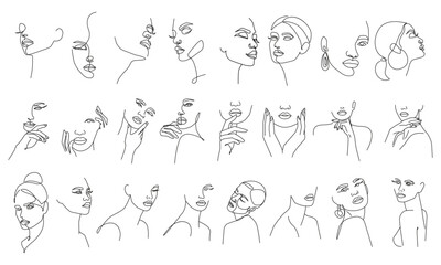 Female Face Line Art Drawing Set. Minimal Linear Illustration of Woman Face. Set of Black Lines Drawings on White Background for Trendy Design. Vector Illustration