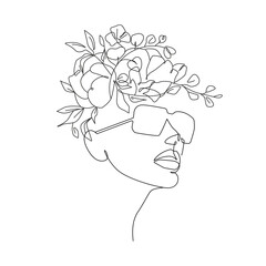 Woman Head with Flowers Line Vector Drawing. Style Template with Female Face with Flowers. Modern Minimalist Simple Linear Style. Beauty Fashion Design	