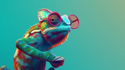 Dazzlingly Colored Chameleon Exuding Effortless Coolness with Fashionable Sunglasses Against a Luminous Turquoise Background, Reflecting Its Vibrant Personality and Captivating Aura