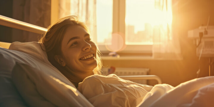smiling woman in a hospital bed, in a hospital room background, generative AI
