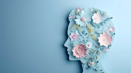  paper cut of woman's head with flowers on blue background, health day concept, generative ai