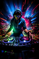 Obraz na płótnie Canvas Energetic DJ in Action Capturing Dynamic Rhythm and Booming Sound of Club Music Scene