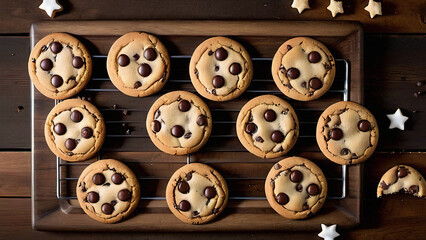 Delicious Chocolate Chip Cookie Array Displayed on Rustic Wooden Table