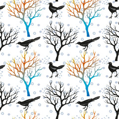 Halloween seamless pattern with leafless trees, and birds. Hand drawn sketch style. Black birds. Colorful illustration.	 - 758570337