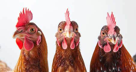 Close up of three brown chickens isolated white background, funny farm animal portrait