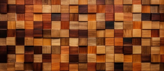 A close up of a brown wooden wall constructed with rectangular wooden squares showcasing shades of orange, beige, and amber. The intricate design resembles a piece of art on the floor