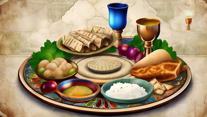 Amazing Passover Seder plate with traditional food on grunge background